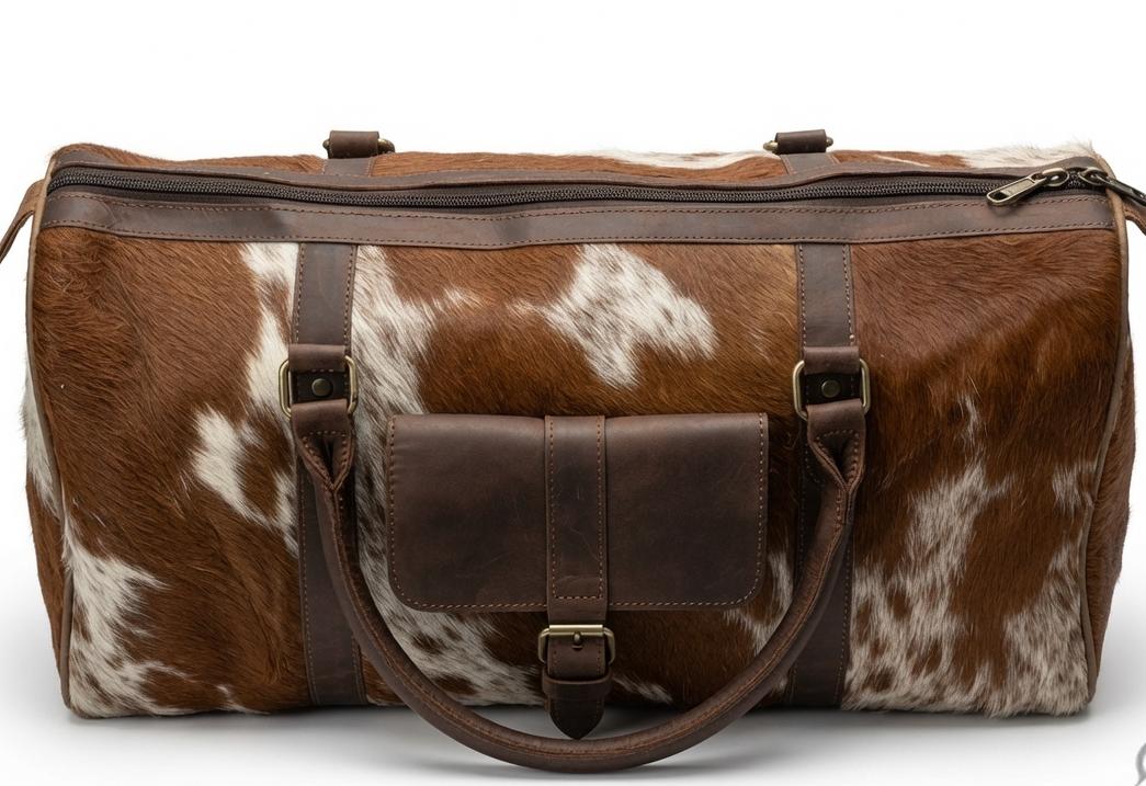Premium Hair-On Leather Travel Duffle Bag – Brown & White