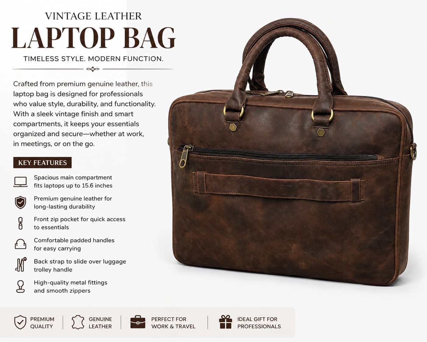 Vintage Genuine Leather Laptop Bag – Dark Brown